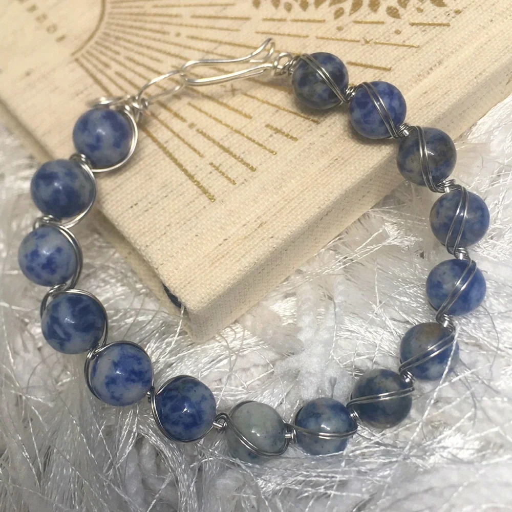 New Handcrafted Blue Sodalite Gemstone Bead Silver Tone Wire Wrapped Bracelet
